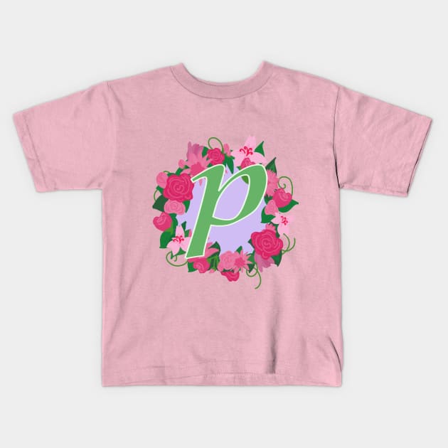 Monogram P, Personalized Floral Initial Kids T-Shirt by Bunniyababa